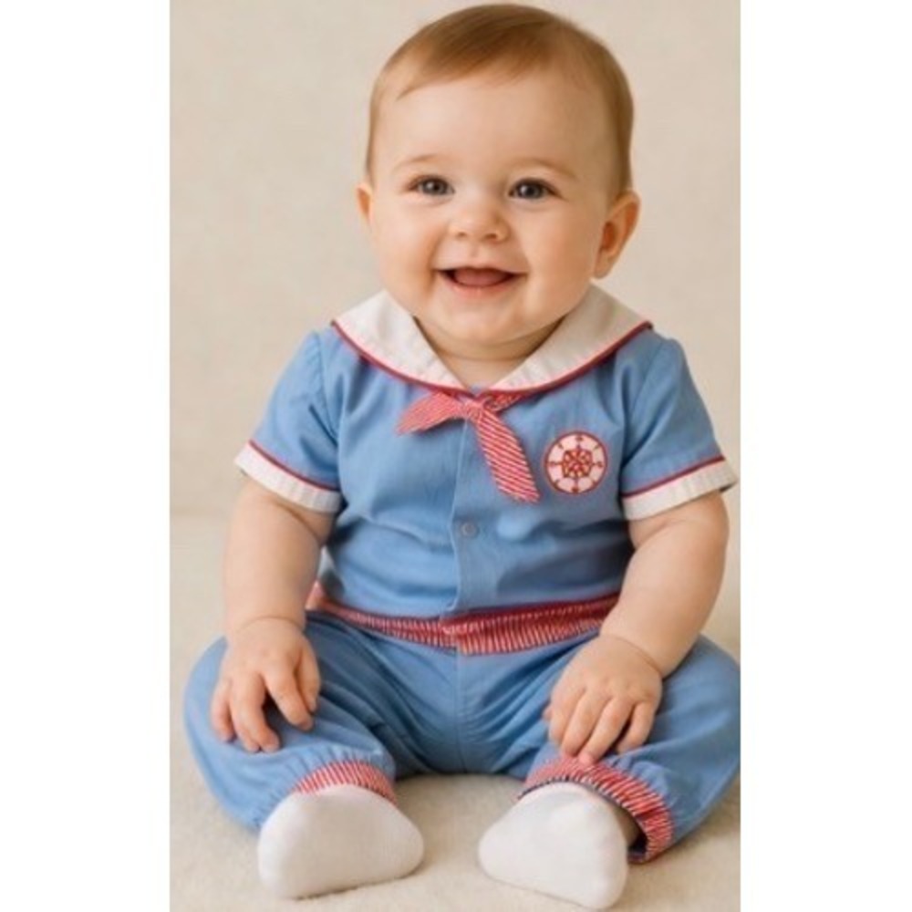 Vintage Baby‎ Sailor Outfit 2pc Set Light Blue Top & Pants Nautical 6-12M jonjon